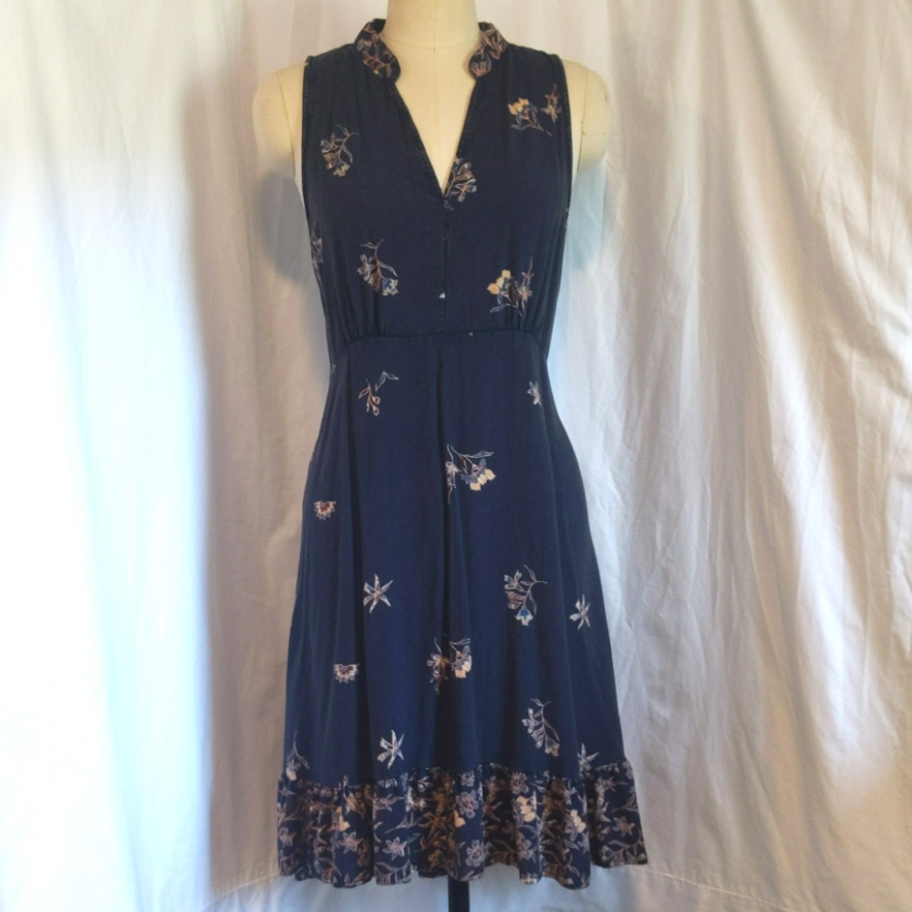 Vintage Lola P. Navy floral rayon midi summer dress with corset ties size M